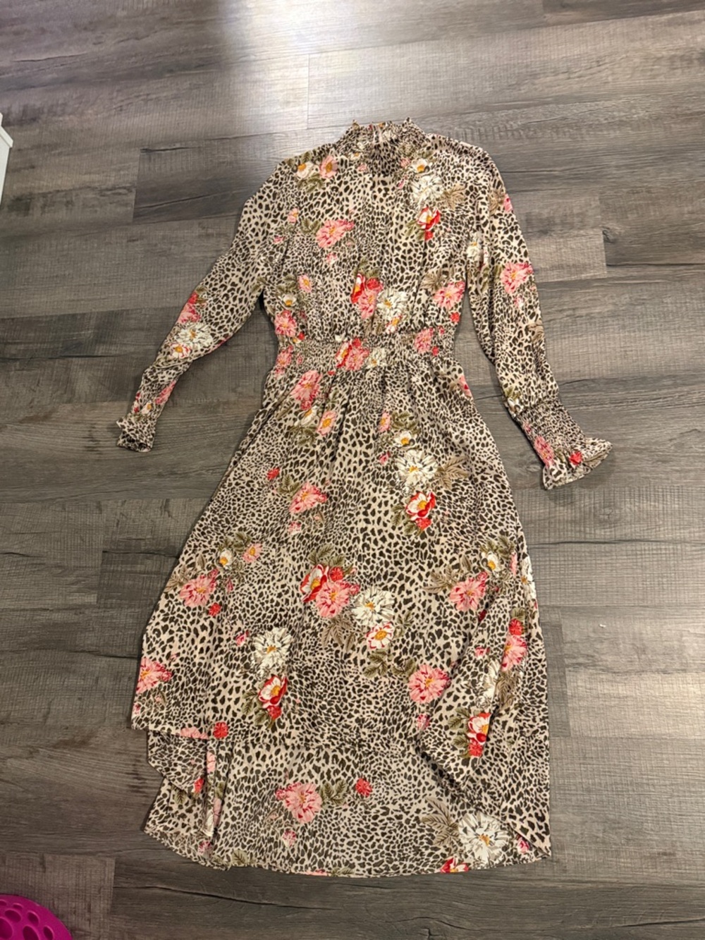 Nanette Lepore Beige Leopard Print Long Sleeve Midi Dress with Pink Floral